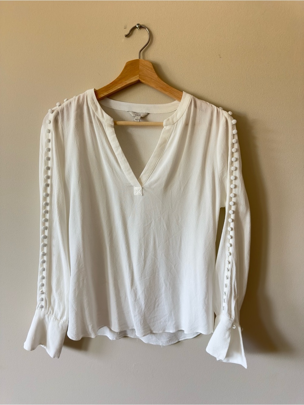Women’s Joie White V-Neck Blouse with Pom-Trim Sleeves